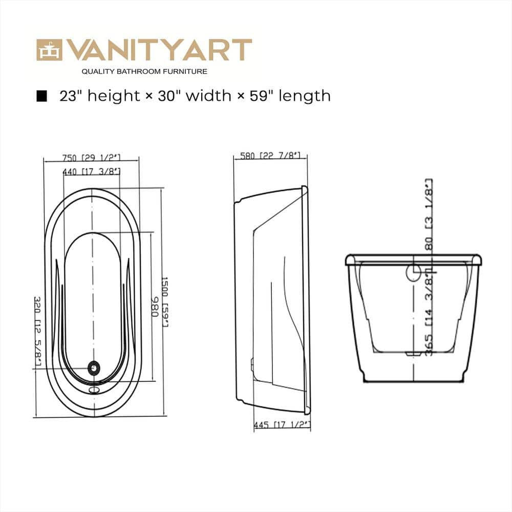 Vanity Art Ajaccio 59 in. Acrylic Flatbottom Bathtub in White