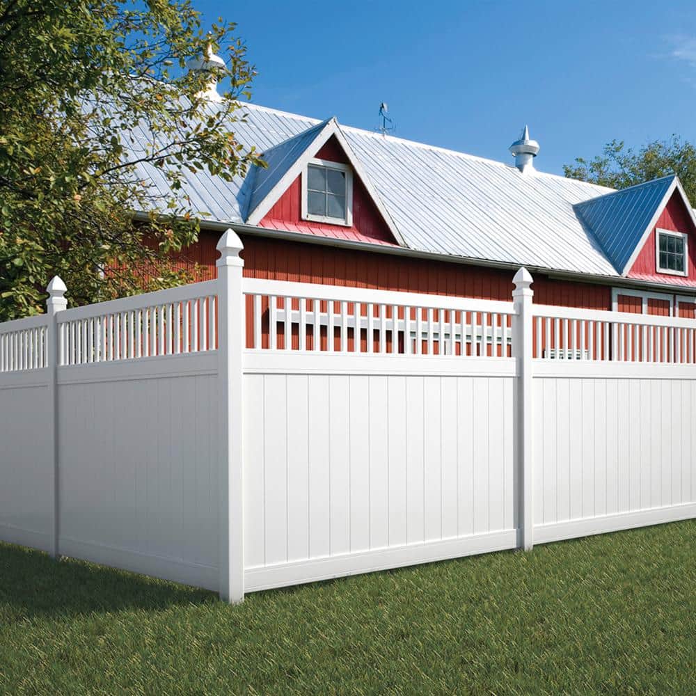 Veranda Pro Series 5 in. x 5 in. x 8 ft. White Vinyl Woodbridge Closed Picket Top Routed Corner Fence Post