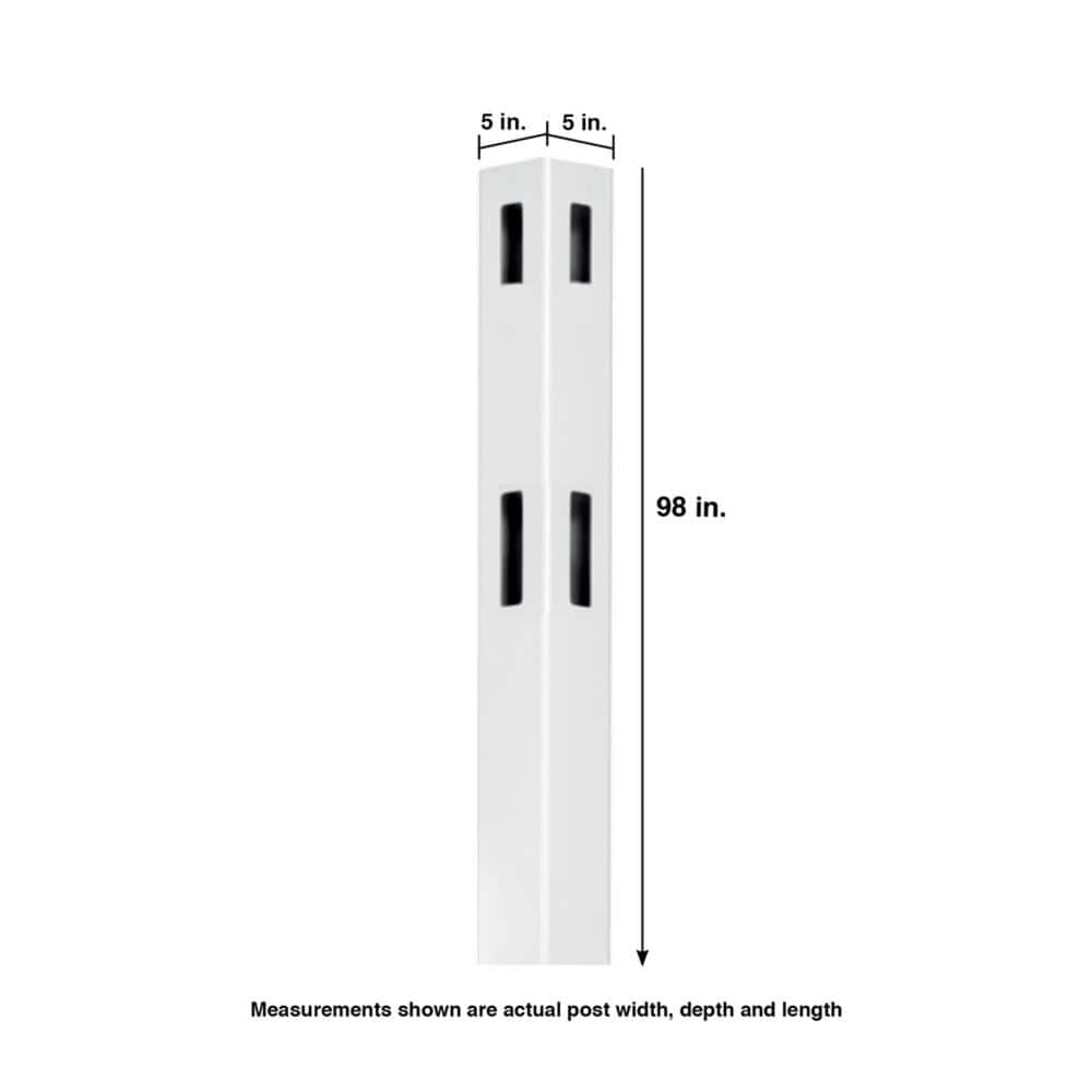 Veranda Pro Series 5 in. x 5 in. x 8 ft. White Vinyl Woodbridge Closed Picket Top Routed Corner Fence Post