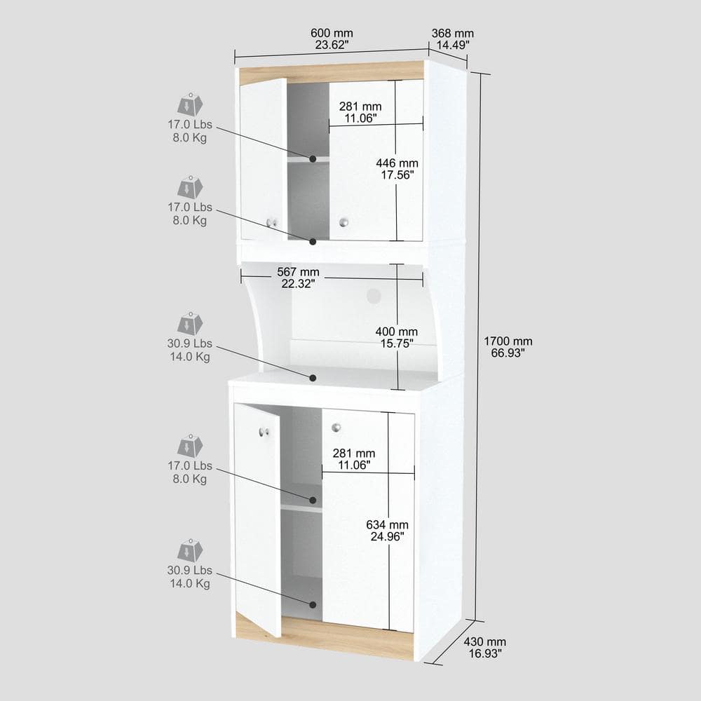 inval america LLC Galley Ready to Assemble 23.6 in. W x 16.9 in. D x 67 in. H Microwave Storage Utility Cabinet in White and Vienes Oak