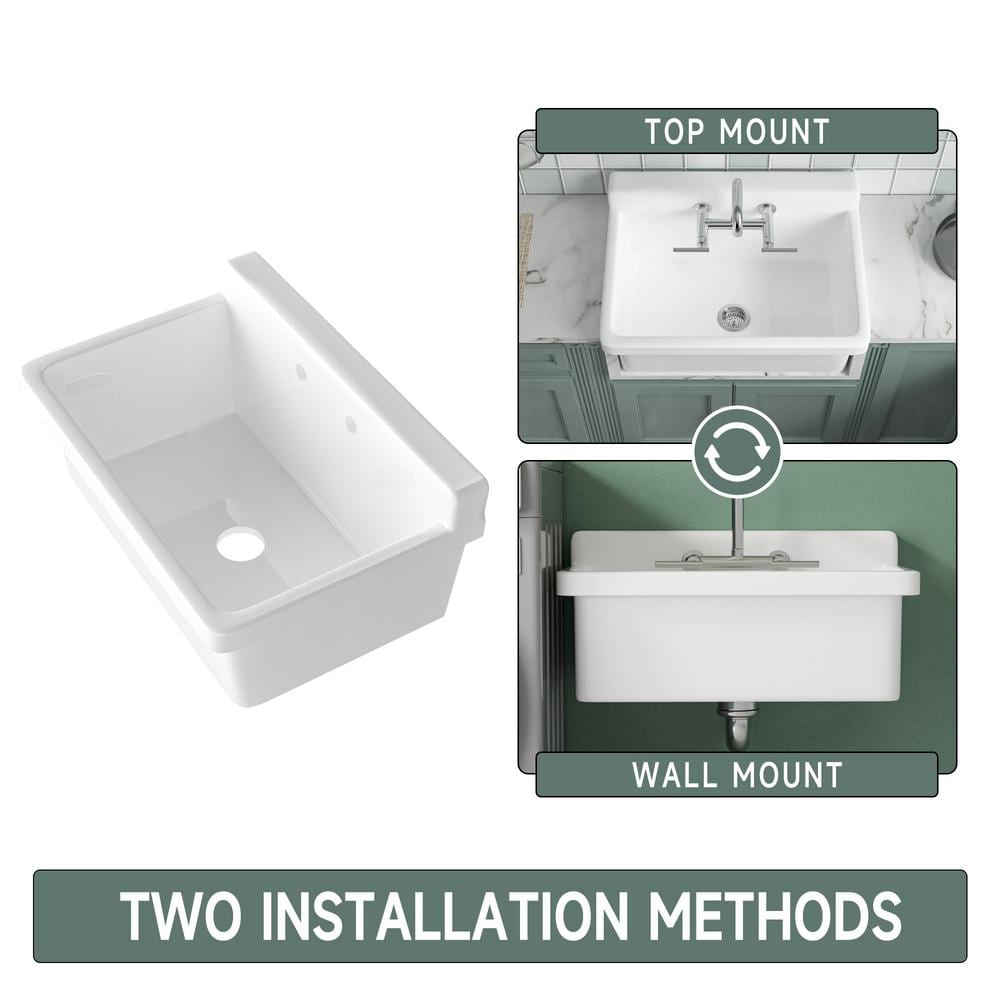 Vomlor 24 in. Wall Mount Fireclay Utility Sink with High Backsplash, White