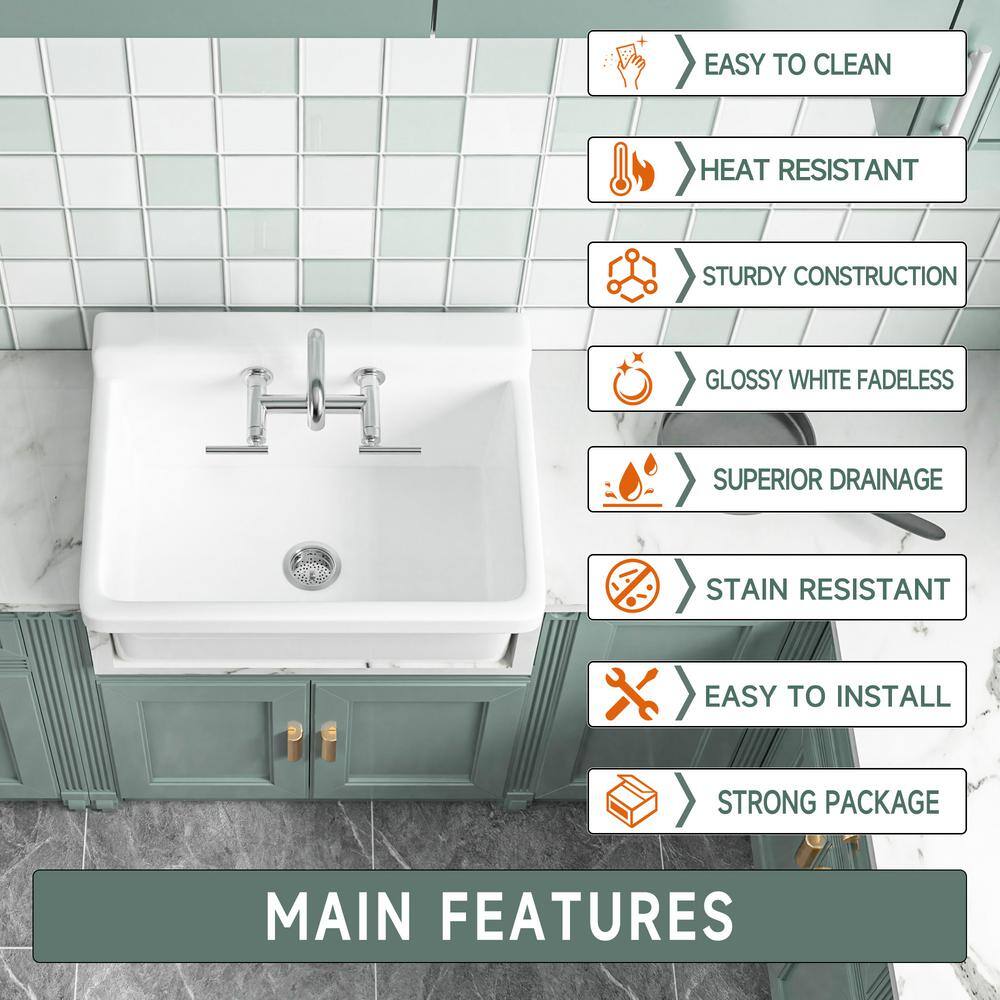 Vomlor 24 in. Wall Mount Fireclay Utility Sink with High Backsplash, White