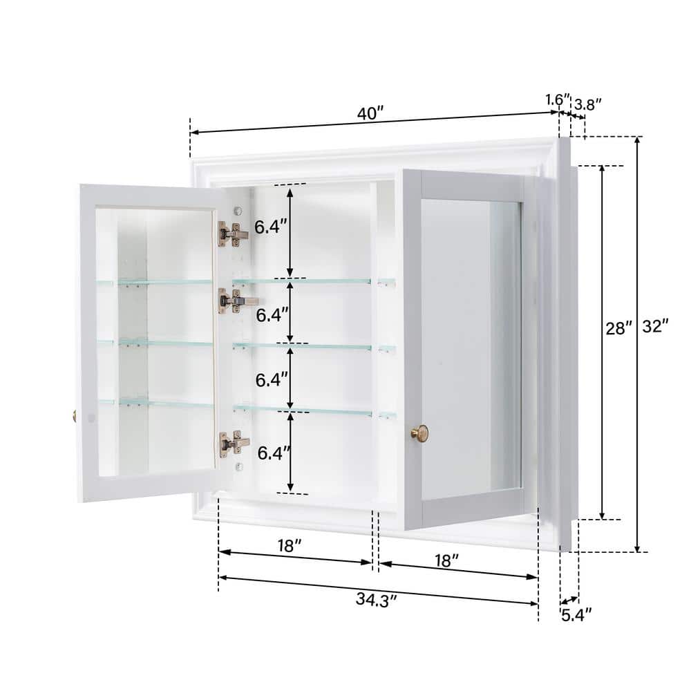 WELLFOR 40 in. W x 32 in. H Rectangular Solid Wood Recessed Medicine Cabinet with Mirror