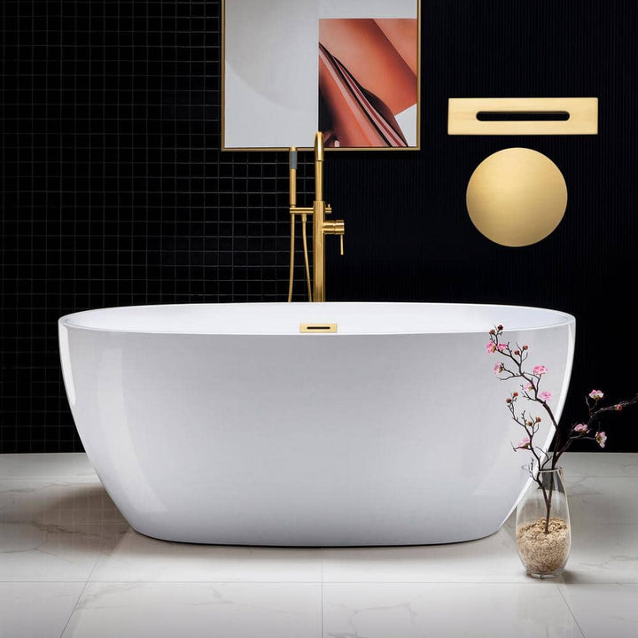 Samantha 59 in. Acrylic FlatBottom Double Ended Bathtub with Brushed Gold Overflow and Drain Included in White