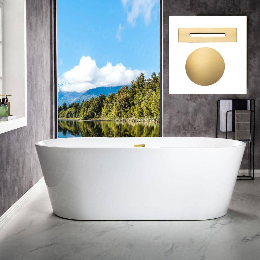 WOODBRIDGE Teaneck 71 in. Acrylic FlatBottom Double-Ended Freestanding Bathtub with Brushed Gold Overflow & Drain, White