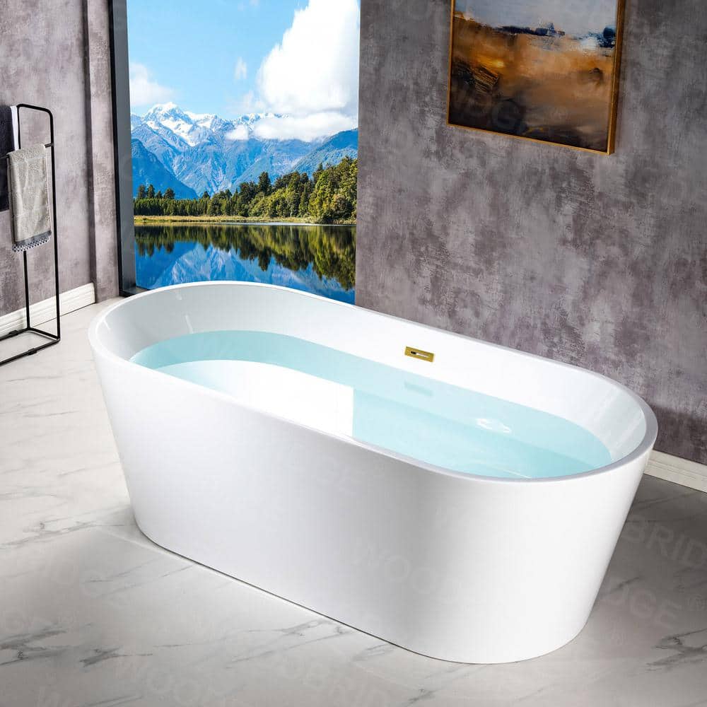 WOODBRIDGE Teaneck 71 in. Acrylic FlatBottom Double-Ended Freestanding Bathtub with Brushed Gold Overflow & Drain, White