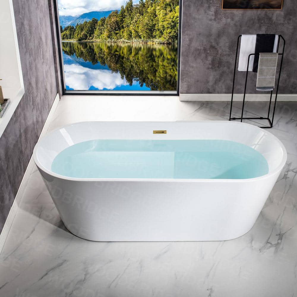 WOODBRIDGE Teaneck 71 in. Acrylic FlatBottom Double-Ended Freestanding Bathtub with Brushed Gold Overflow & Drain, White