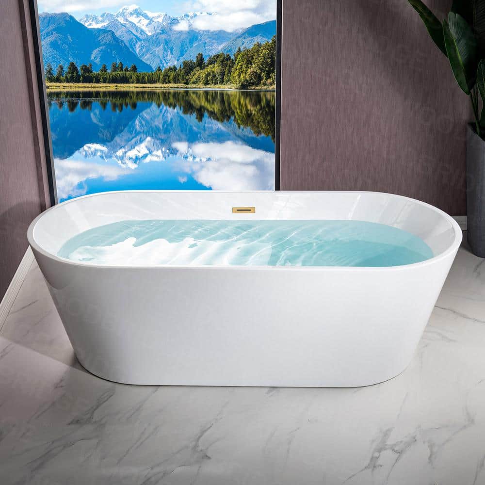 WOODBRIDGE Teaneck 71 in. Acrylic FlatBottom Double-Ended Freestanding Bathtub with Brushed Gold Overflow & Drain, White