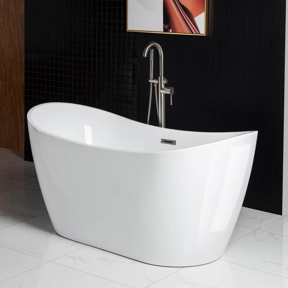 WOODBRIDGE Ladlow 59 in. Acrylic Freestanding Double Slipper Flat Bottom Soaking Bathtub with Drain and Overflow Included in White