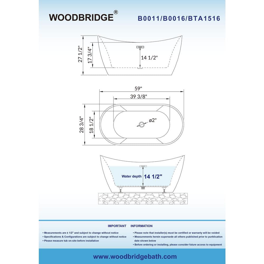 WOODBRIDGE Ladlow 59 in. Acrylic Freestanding Double Slipper Flat Bottom Soaking Bathtub with Drain and Overflow Included in White