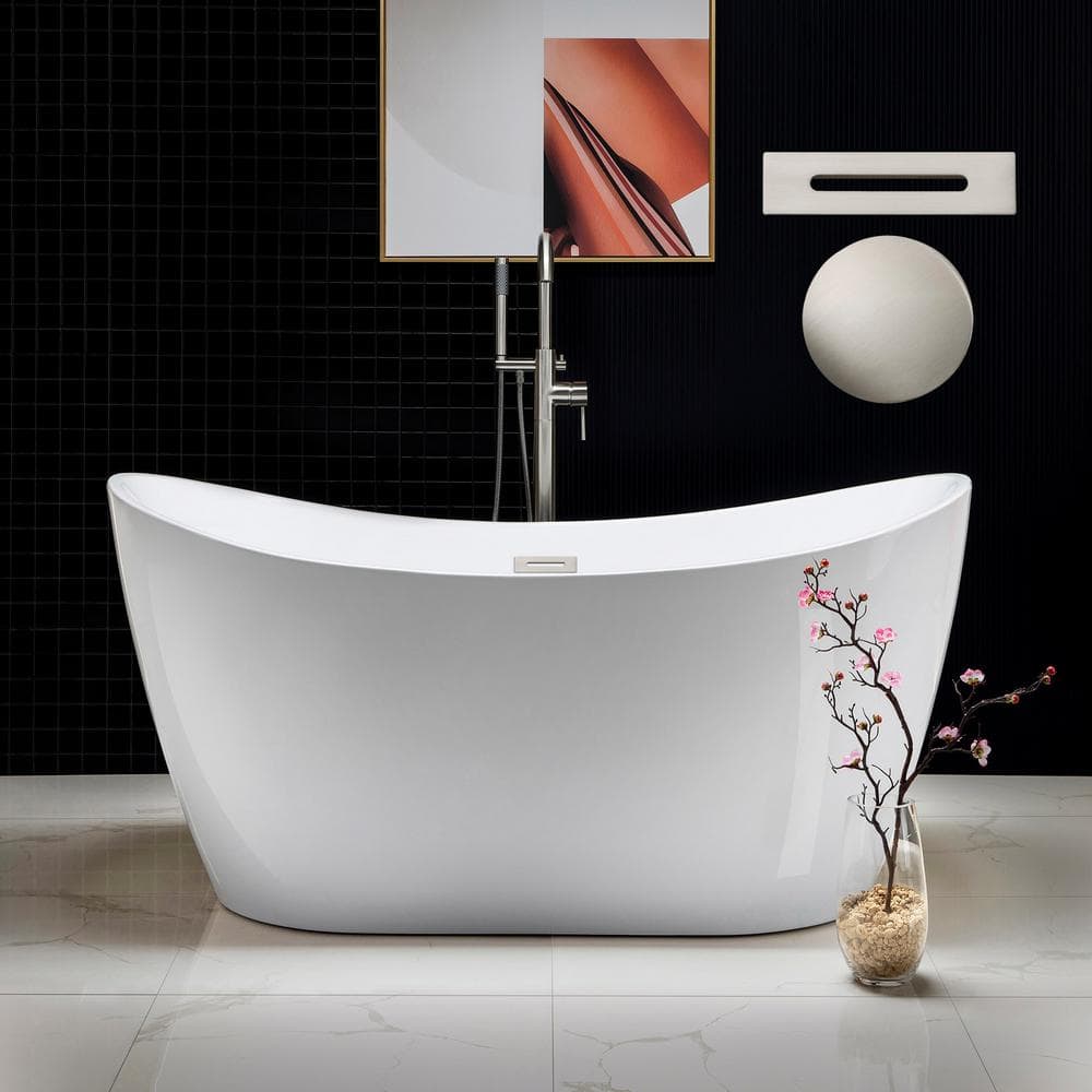 WOODBRIDGE Ladlow 59 in. Acrylic Freestanding Double Slipper Flat Bottom Soaking Bathtub with Drain and Overflow Included in White