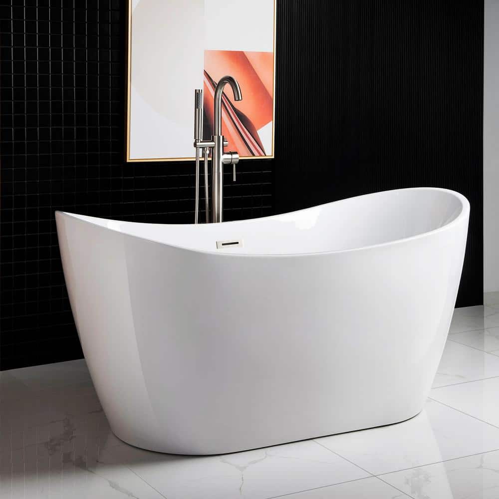 WOODBRIDGE Ladlow 59 in. Acrylic Freestanding Double Slipper Flat Bottom Soaking Bathtub with Drain and Overflow Included in White