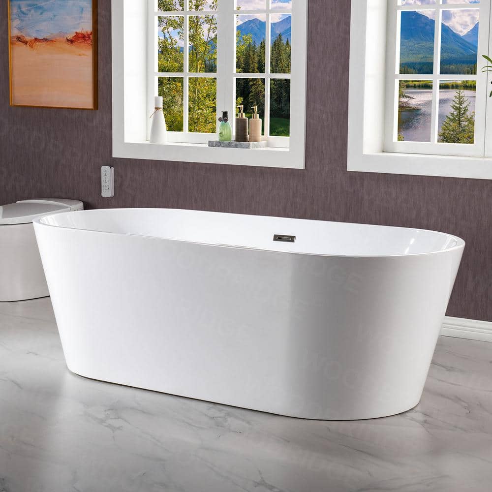 WOODBRIDGE Linden 71 in. Acrylic Flat Bottom Double Ended Freestanding Bathtub, White with Brushed Nickel Overflow & Drain