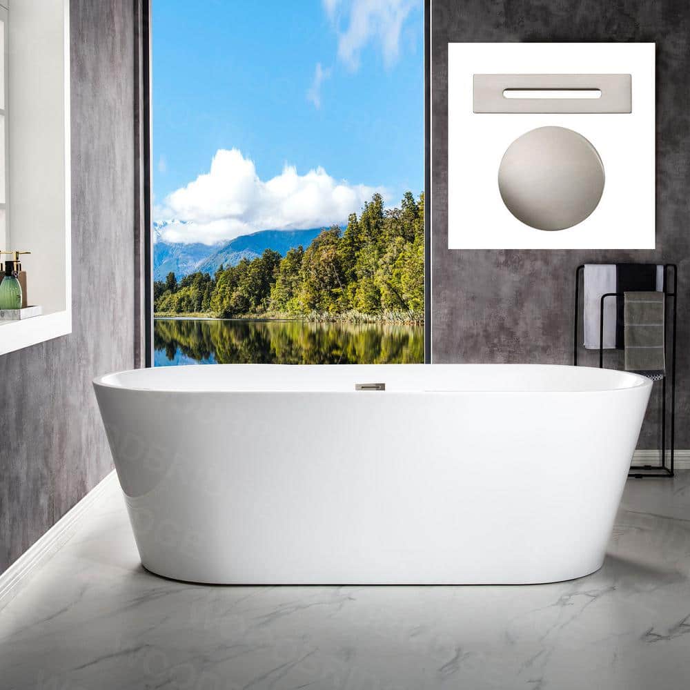 WOODBRIDGE Linden 71 in. Acrylic Flat Bottom Double Ended Freestanding Bathtub, White with Brushed Nickel Overflow & Drain