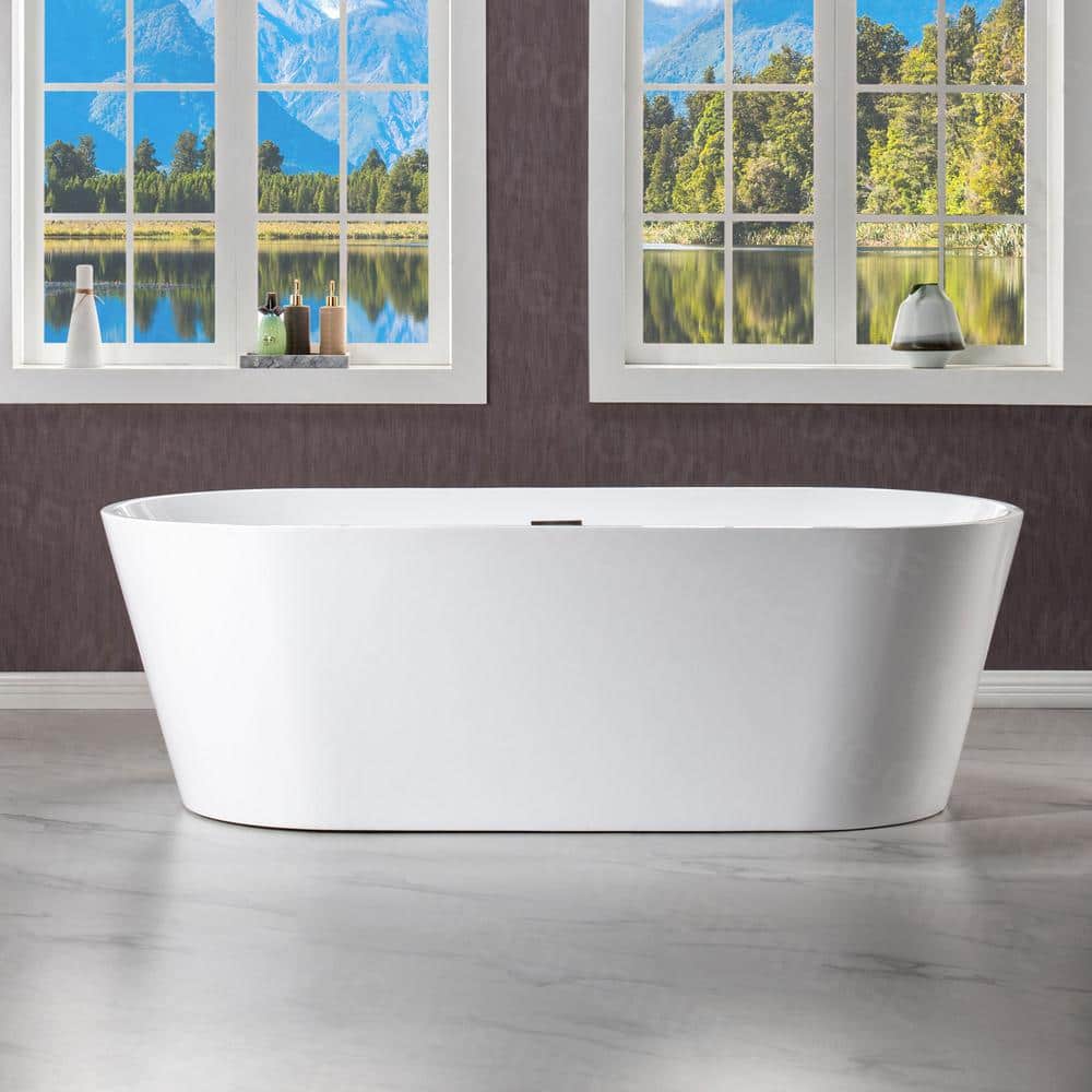 WOODBRIDGE Linden 71 in. Acrylic Flat Bottom Double Ended Freestanding Bathtub, White with Brushed Nickel Overflow & Drain