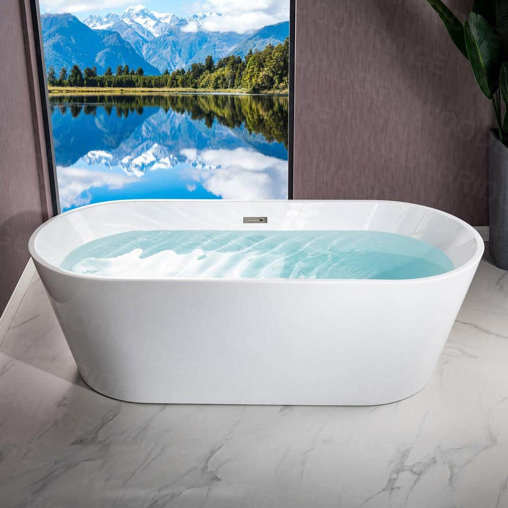WOODBRIDGE Linden 71 in. Acrylic Flat Bottom Double Ended Freestanding Bathtub, White with Brushed Nickel Overflow & Drain