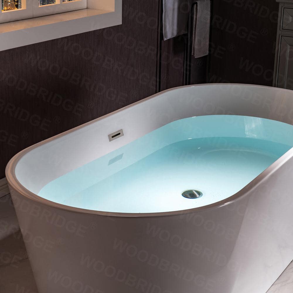 WOODBRIDGE 54 in. Acrylic FlatBottom Double-Ended Freestanding Bathtub with Polished Chrome Overflow and Drain, White