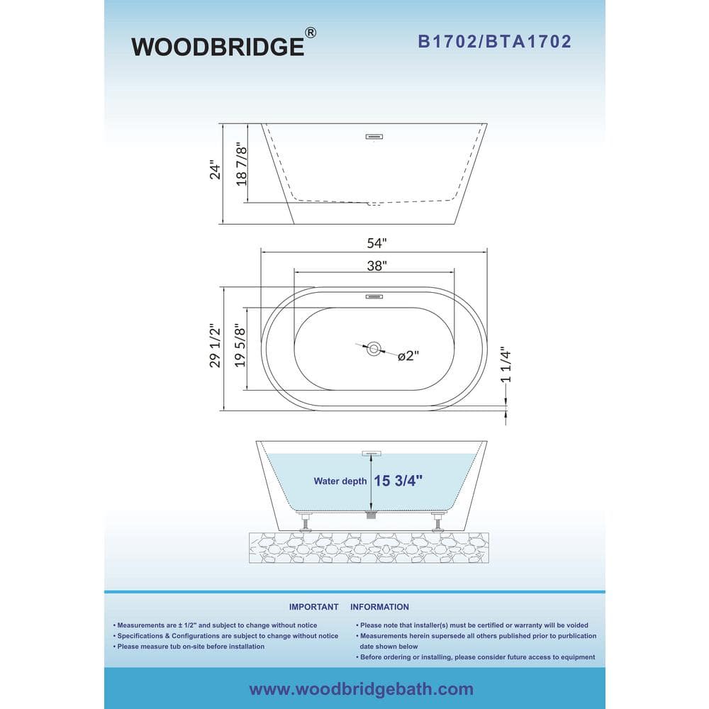 WOODBRIDGE 54 in. Acrylic FlatBottom Double-Ended Freestanding Bathtub with Polished Chrome Overflow and Drain, White