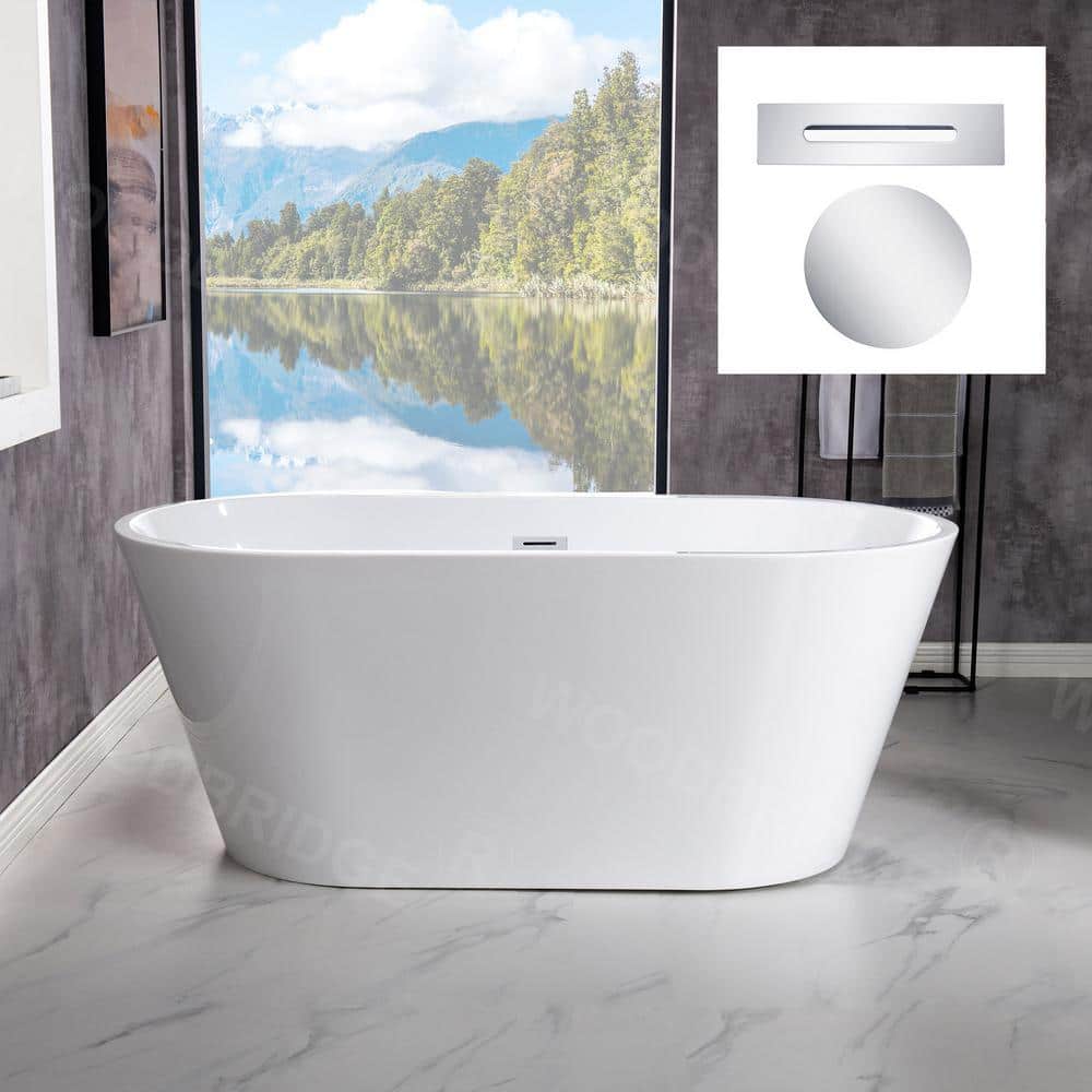WOODBRIDGE 54 in. Acrylic FlatBottom Double-Ended Freestanding Bathtub with Polished Chrome Overflow and Drain, White