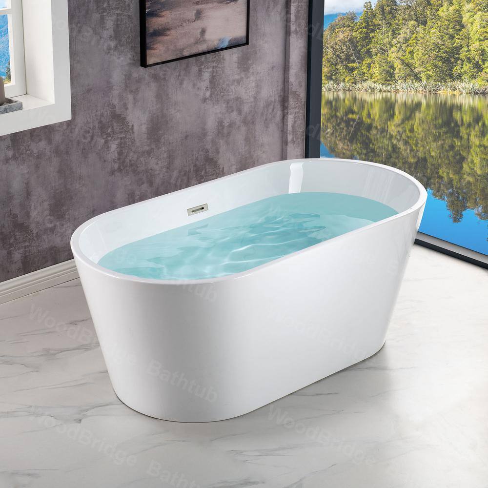 WOODBRIDGE 54 in. Acrylic FlatBottom Double-Ended Freestanding Bathtub with Polished Chrome Overflow and Drain, White
