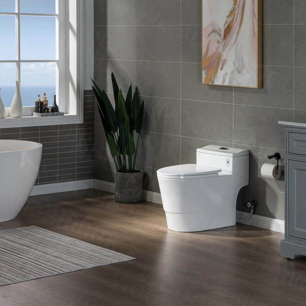 WOODBRIDGE Conserver 1-Piece 1.28 GPF High Efficiency Dual Flush Elongated All-in-One Toilet in White with Seat Included