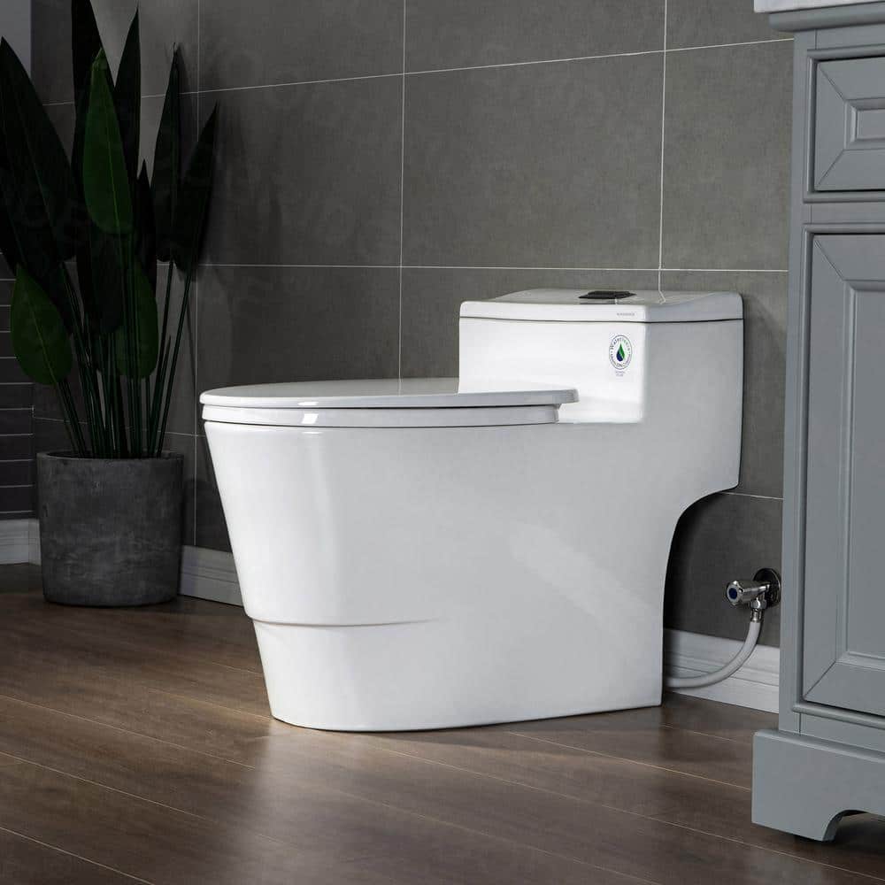 WOODBRIDGE Conserver 1-Piece 1.28 GPF High Efficiency Dual Flush Elongated All-in-One Toilet in White with Seat Included