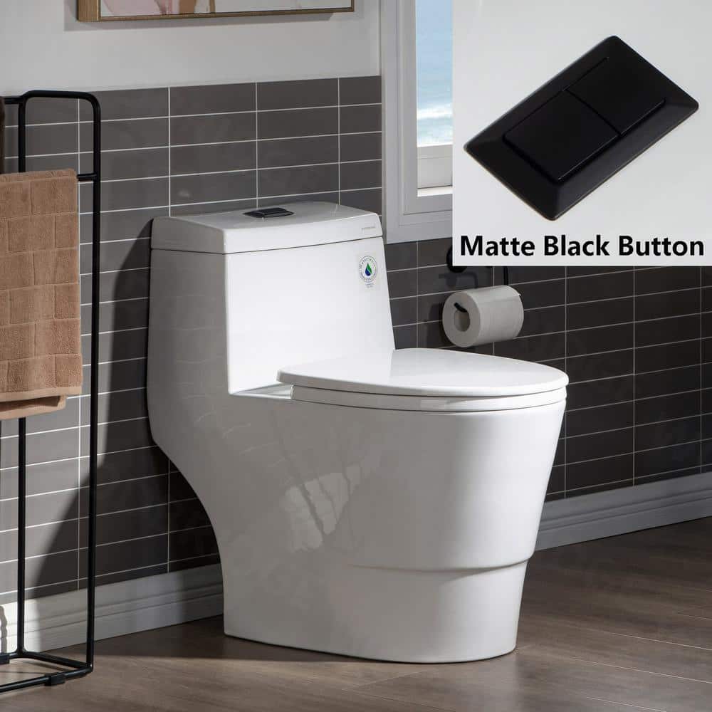 WOODBRIDGE Everette 1‑Piece Dual Flush Elongated Toilet, 1.28 GPF, White with Matte Black Button, MaP 1000 g, Seat Included