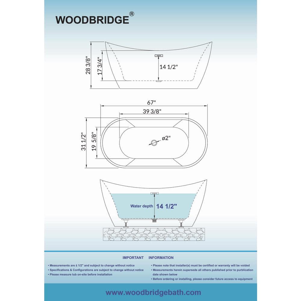 WOODBRIDGE Inspiration 67 in. Acrylic FlatBottom Double Slipper Bathtub, White with Matte Black Overflow & Drain