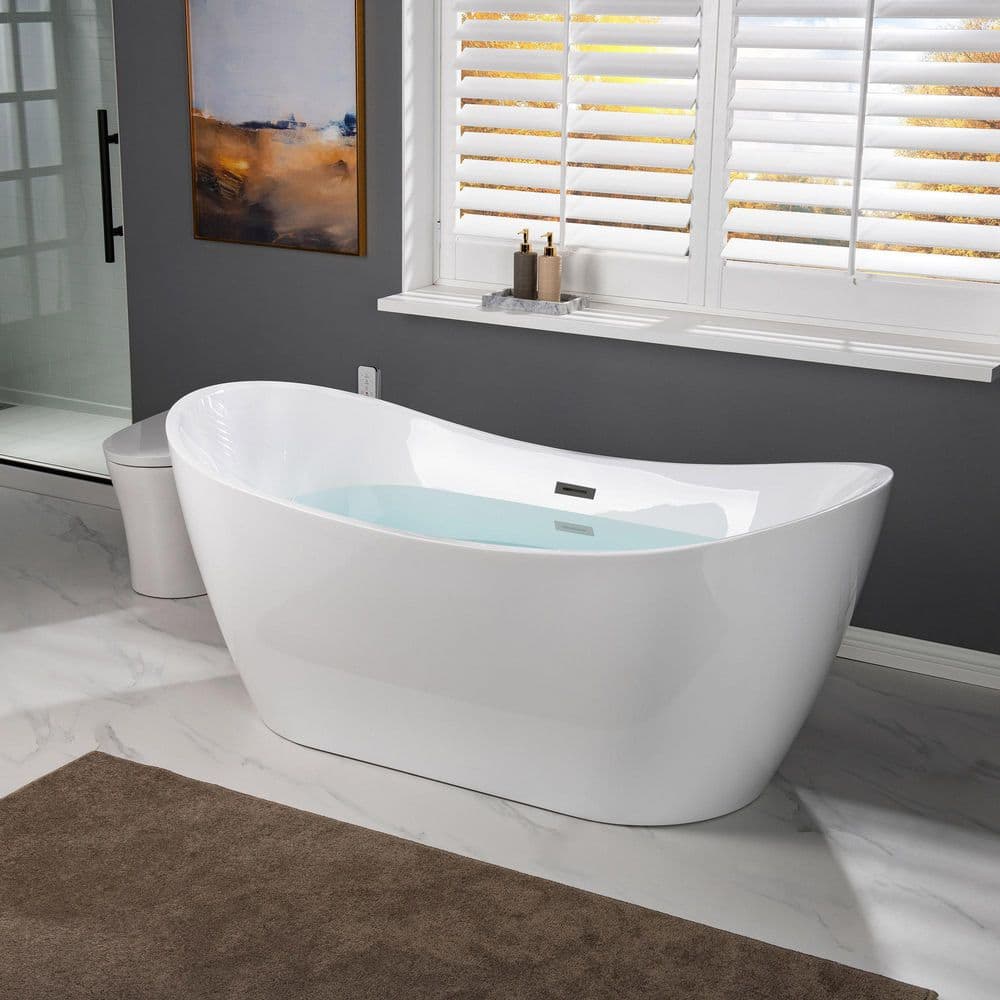 WOODBRIDGE Inspiration 67 in. Acrylic FlatBottom Double Slipper Bathtub, White with Matte Black Overflow & Drain