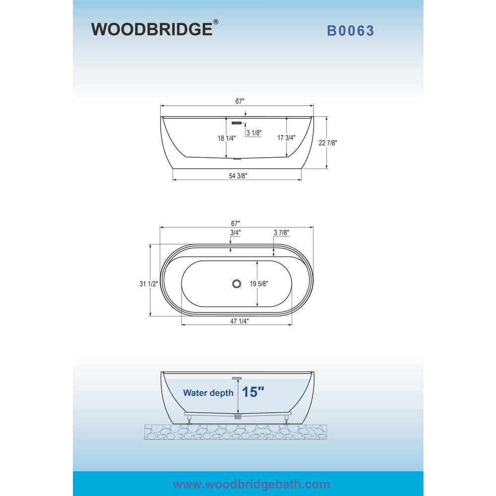 WOODBRIDGE Alacant 67 in. x 31.5 in. Acrylic Flat Bottom Soaking Bathtub with Center Drain and Overflow, White with Matte Black