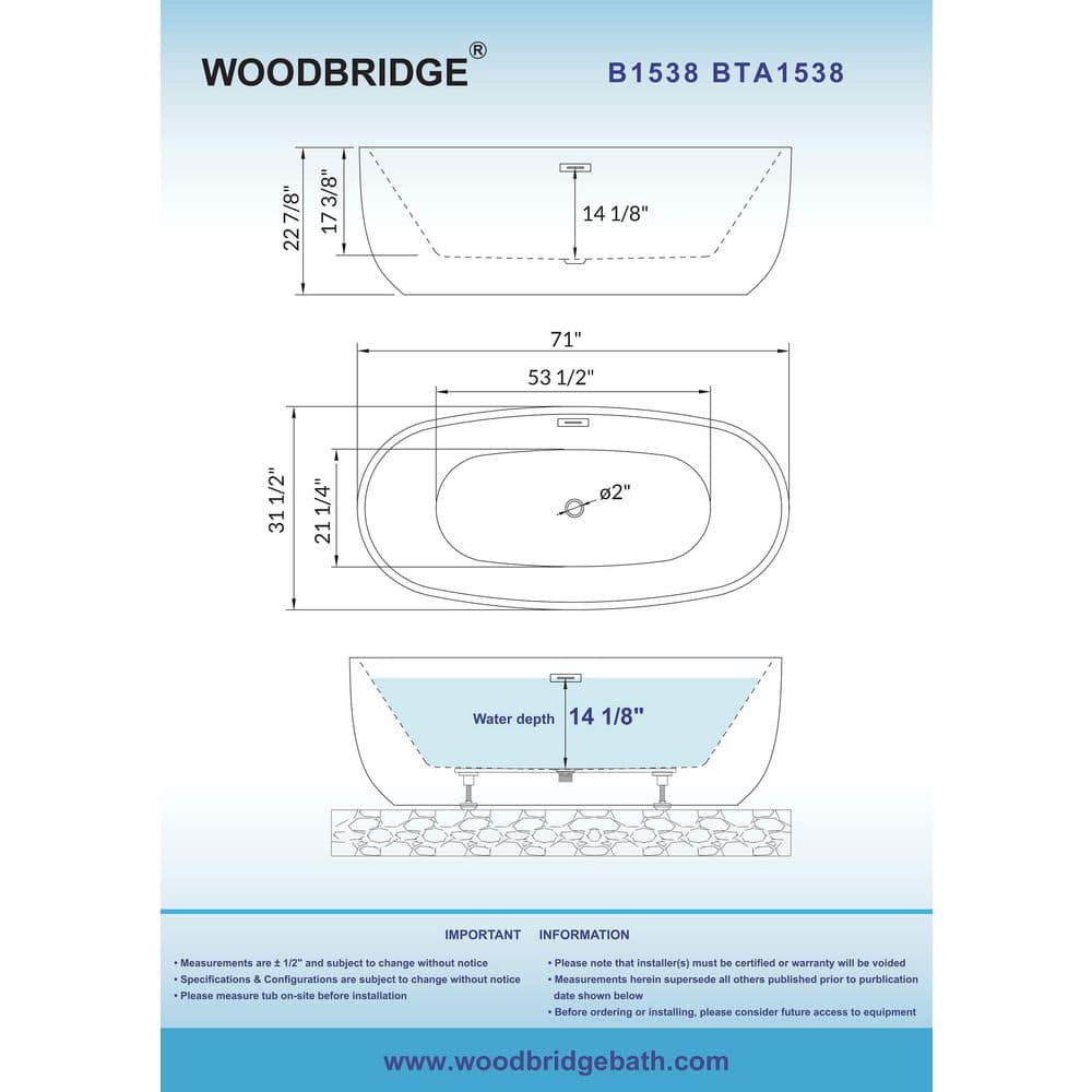 WOODBRIDGE 71 in. Acrylic FlatBottom Double-Ended Freestanding Bathtub, Oil-Rubbed Bronze Overflow & Drain, White