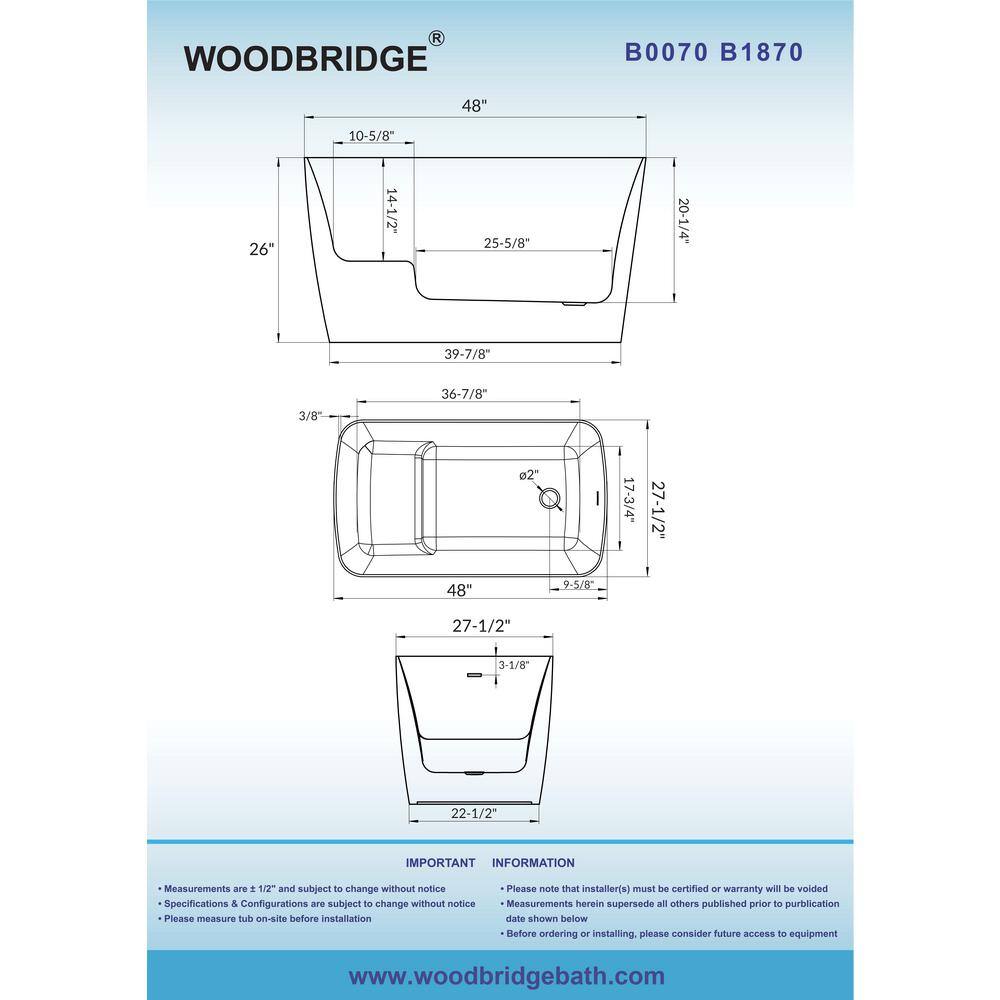 WOODBRIDGE Cube 48 in. x 27.5 in. Acrylic Flat Bottom Soaking Bathtub with Reversible Drain, White with Oil Rubbed Bronze
