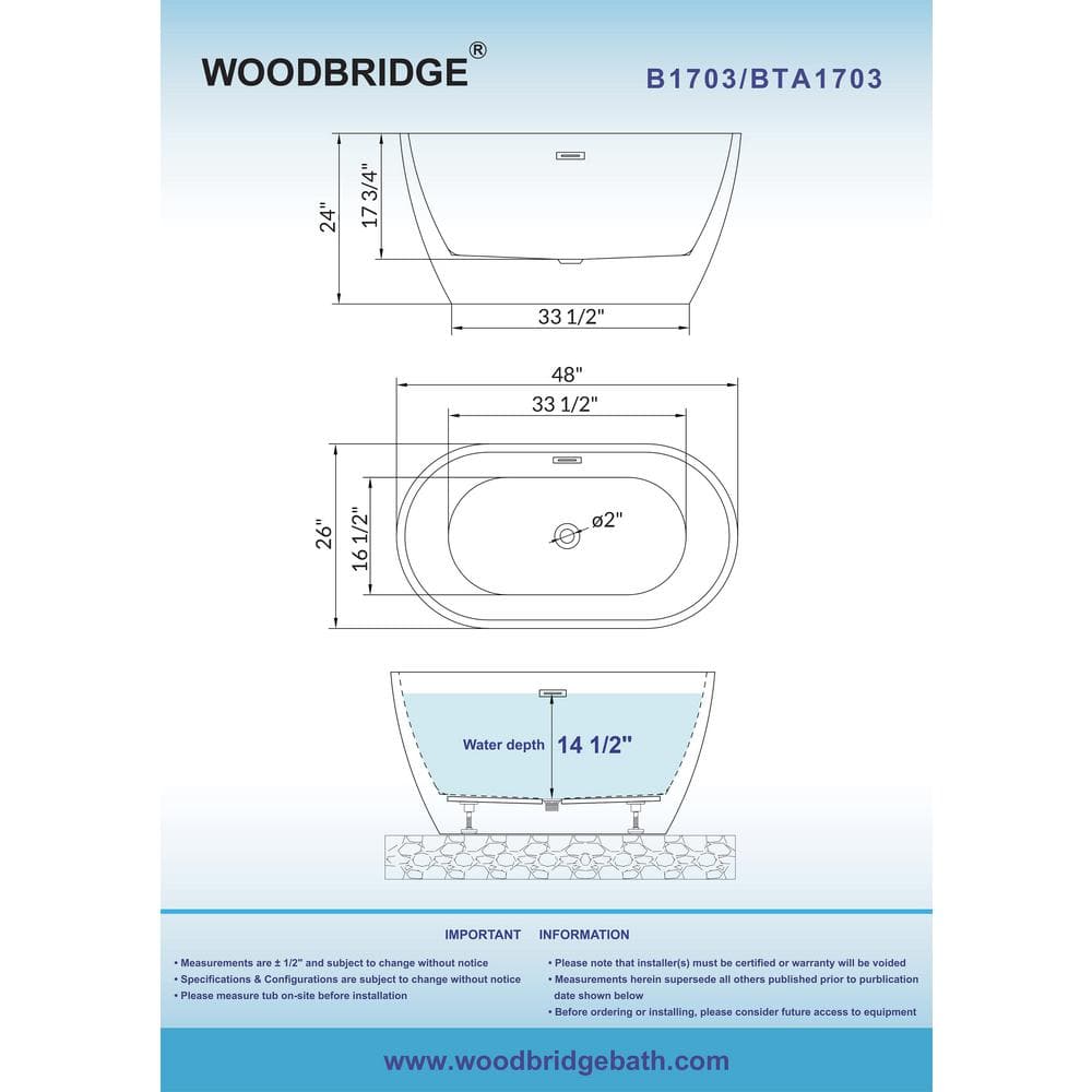 WOODBRIDGE 48 in. Acrylic Flatbottom Freestanding Bathtub in White with Polished Chrome Drain and Overflow