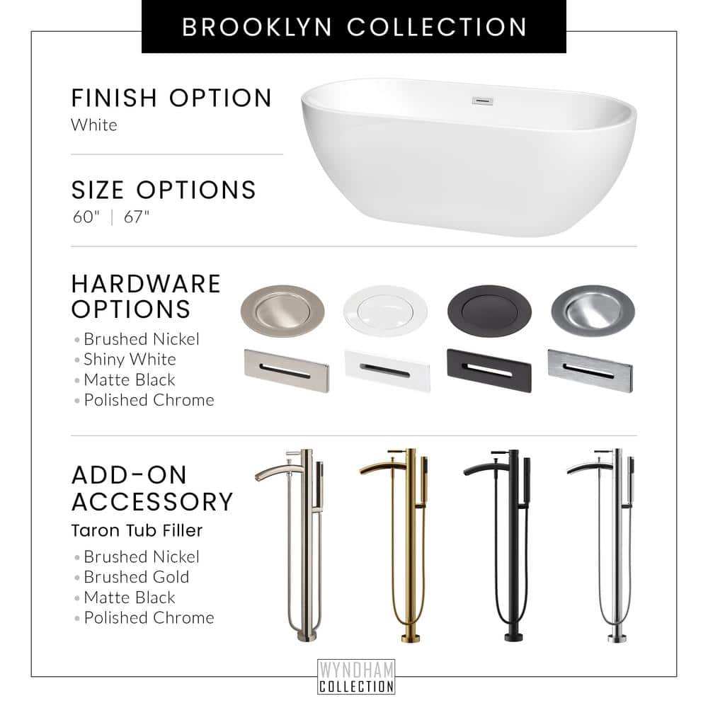 Wyndham Collection Brooklyn 60 in. Acrylic Freestanding Bathtub in White with Shiny Trim