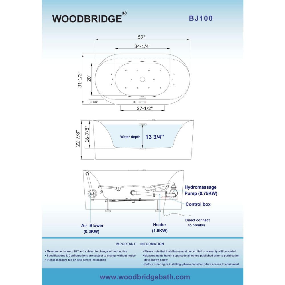 WOODBRIDGE 59 in. Acrylic Freestanding Whirlpool & Air Bath Tub with Inline Heater, Drain and Overflow, White