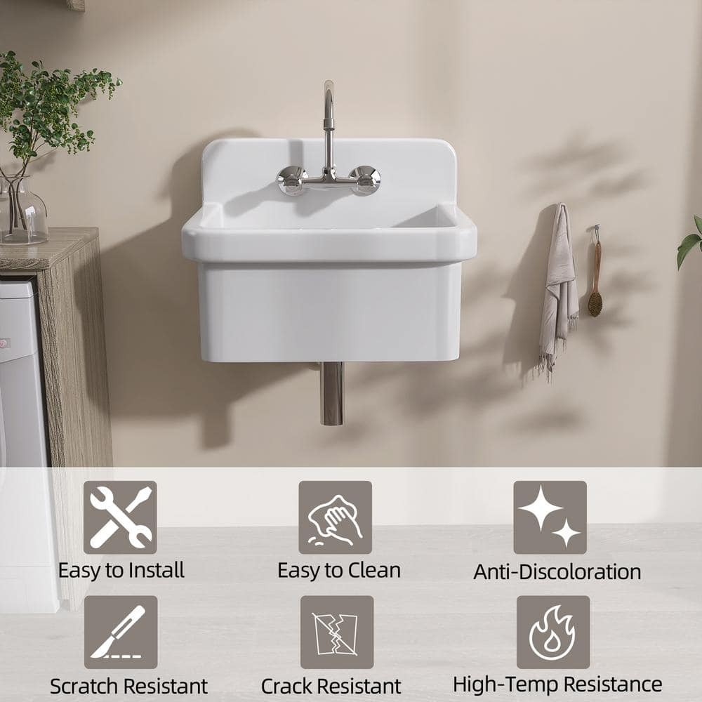 Zeafive 24 in. W x 20 in. D Wall Mount/Freestanding Laundry/Utility Sink in White Farmhouse Sink With Overflow and Sink Strainer
