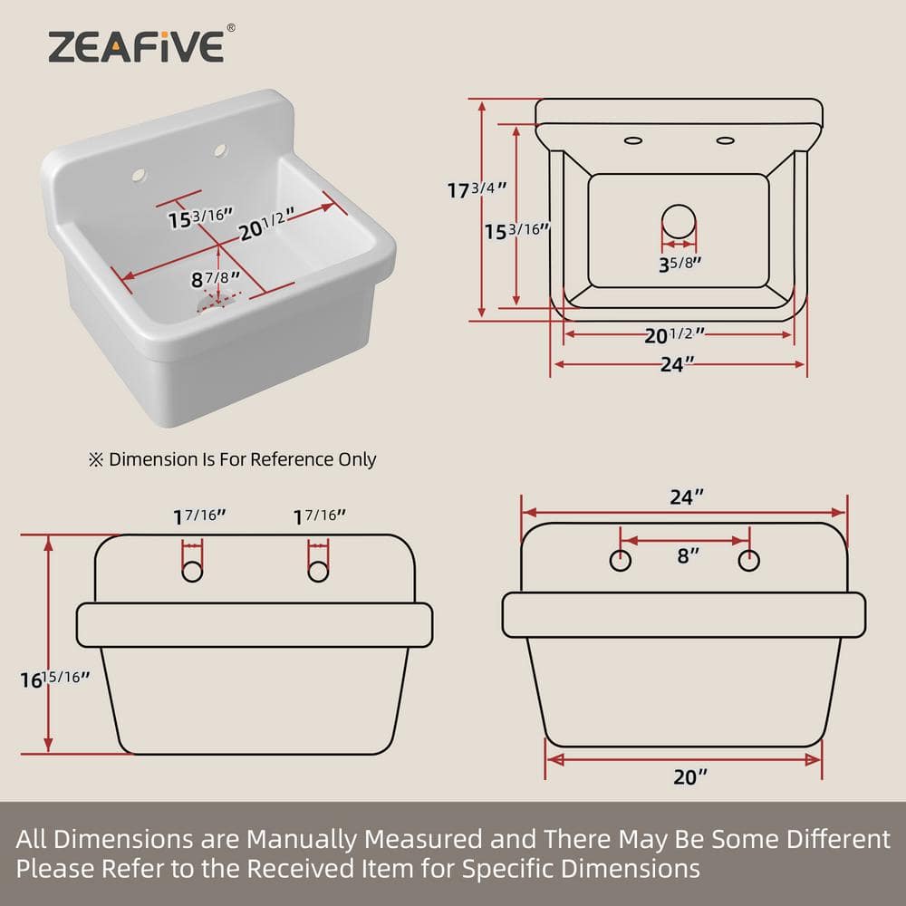 Zeafive 10 Gal 24"x20" Ceramic Wall/Freestanding Utility Sink - White