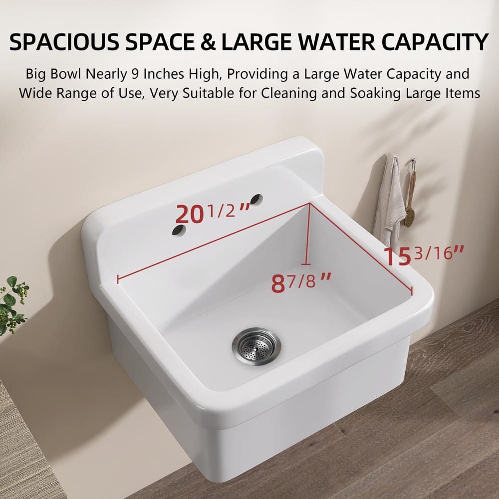 Zeafive 24 in. W x 20 in. D Wall Mount/Freestanding Laundry/Utility Sink in White Farmhouse Sink With Overflow and Sink Strainer