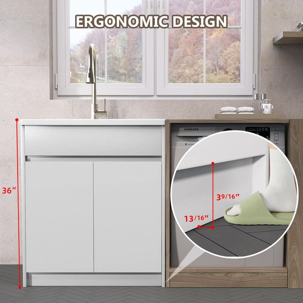 Zeafive All-in-One 30" x 22" Freestanding White Laundry Sink with Cabinet and Faucet