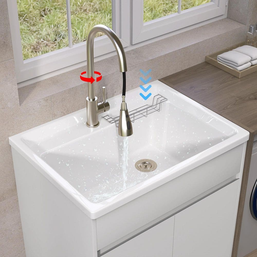 Zeafive All-in-One 30" x 22" Freestanding White Laundry Sink with Cabinet and Faucet