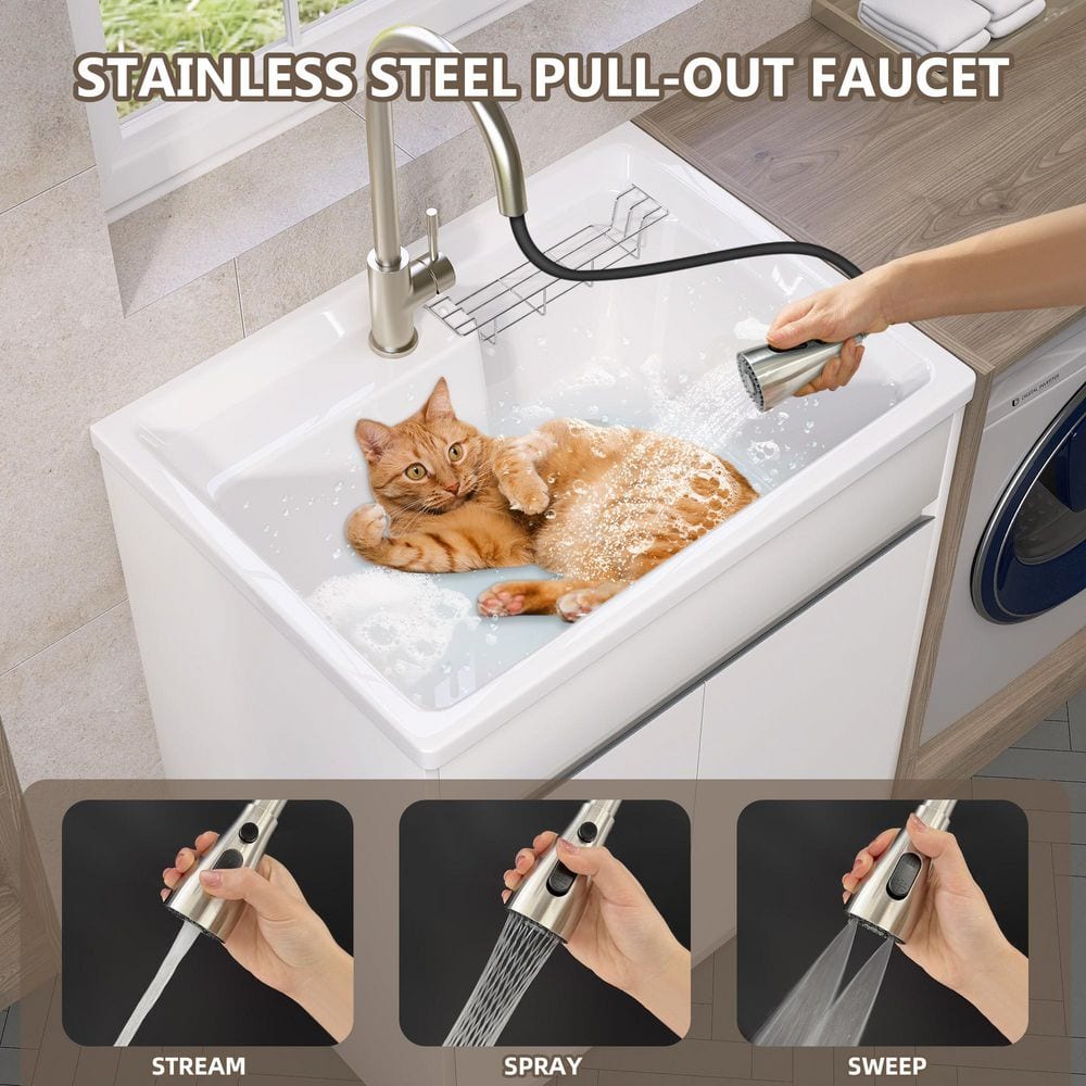 Zeafive All-in-One 30" x 22" Freestanding White Laundry Sink with Cabinet and Faucet