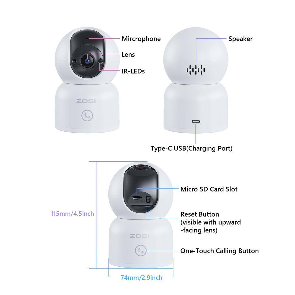 ZOSI 3MP 2K PTZ WiFi Security Camera Baby Monitor, One Press Call, 2-Way Audio, Smart AI Detection, 2.4/5.0 GHZ