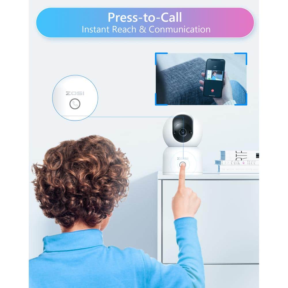ZOSI 3MP 2K PTZ WiFi Security Camera Baby Monitor, One Press Call, 2-Way Audio, Smart AI Detection, 2.4/5.0 GHZ