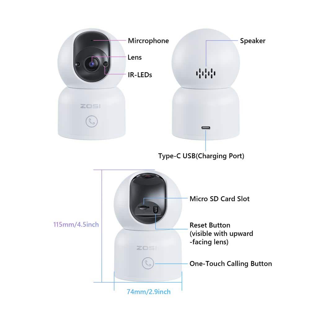ZOSI 3MP 2K PTZ WiFi Plug-in Security Camera Baby Monitor, One Press Call, 2-Way Audio, Smart AI Detection, 2.4/5GHZ- 2 Packs
