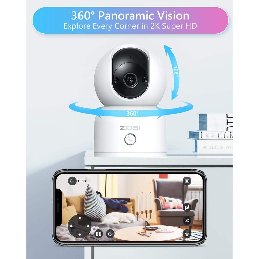ZOSI 3MP 2K PTZ WiFi Plug-in Security Camera Baby Monitor, One Press Call, 2-Way Audio, Smart AI Detection, 2.4/5GHZ- 2 Packs