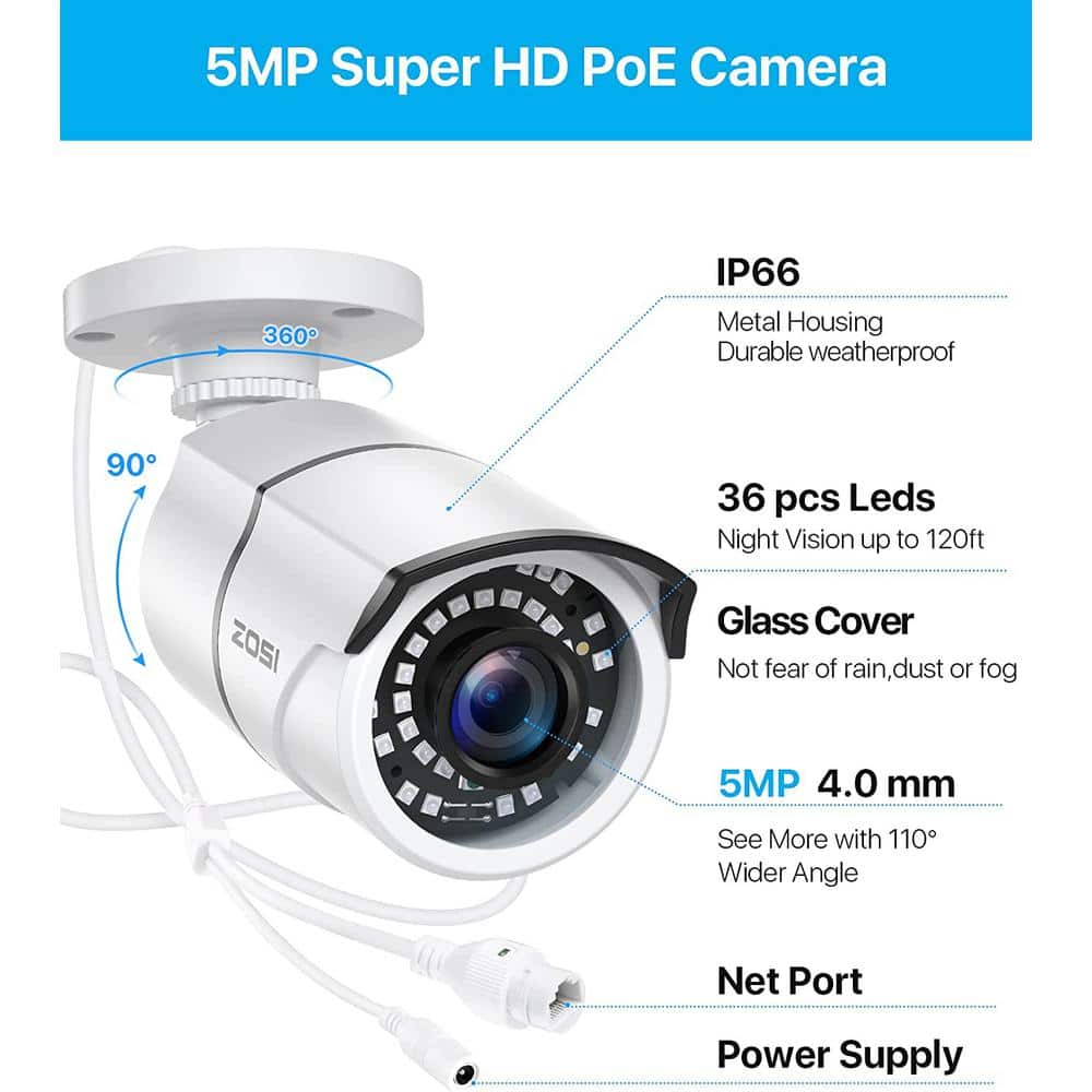 ZOSI ZG2615D ZG2615E 5MP PoE Wired IP Security Camera Only Compatible with same brand PoE NVR Mode