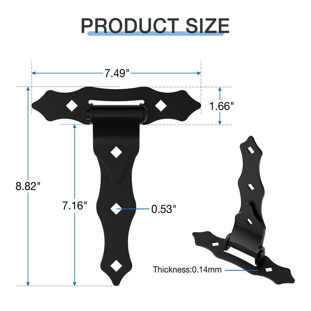 WINSOON 8.6 in. x 7.5 in. Black T-Strap Heavy-Duty Gate Hinges Wrought Hardware with Screws (2-Pack)
