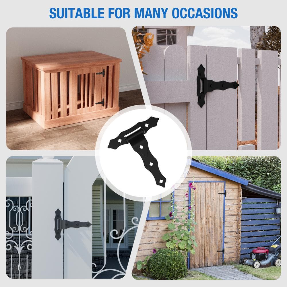 WINSOON 8.6 in. x 7.5 in. Black T-Strap Heavy-Duty Gate Hinges Wrought Hardware with Screws (2-Pack)