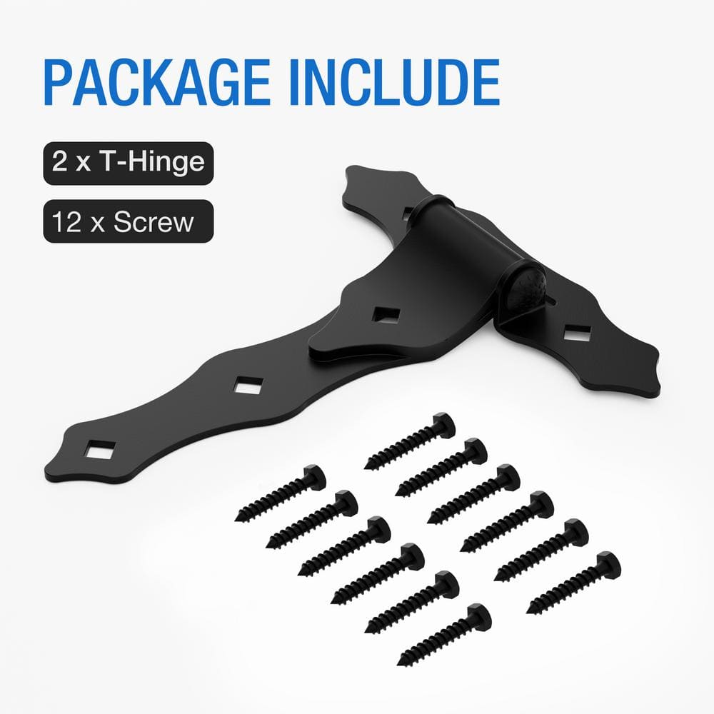 WINSOON 8.6 in. x 7.5 in. Black T-Strap Heavy-Duty Gate Hinges Wrought Hardware with Screws (2-Pack)