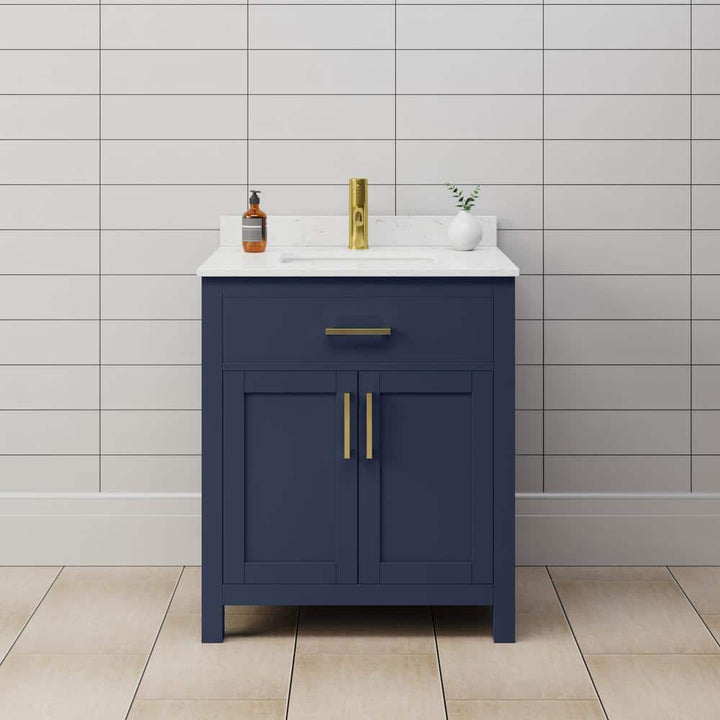 Wyndham Collection Beckett 30" Dark Blue Bathroom Vanity with Carrara Cultured Marble Top